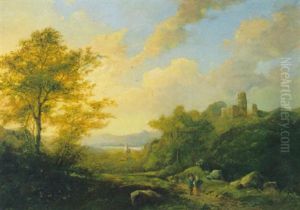 Landschaft Am Flusufer Mit Burgruine Und Figurlicher Staffage Landschaft Am Flusufer Mit Burgruine Und Figurlicher Staffage