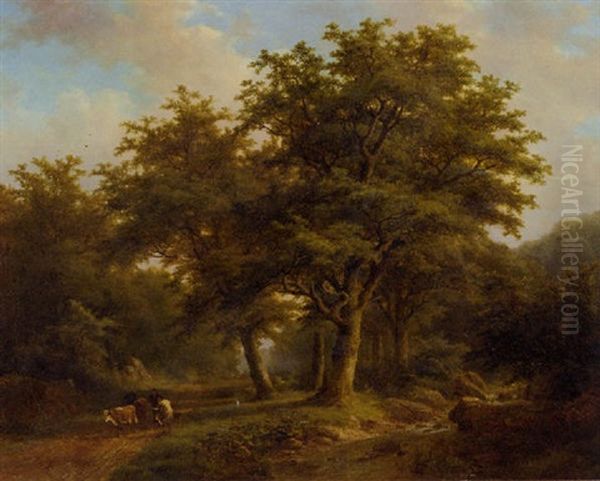 A Herdsman And Cattle On A Forest Path - view 1