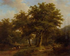 A Herdsman And Cattle On A Forest Path by Johann Bernard Klombeck