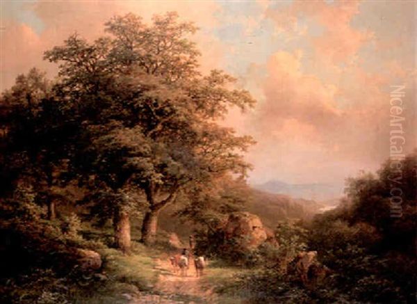 Cattle And Drover On A Wooded Path - view 1