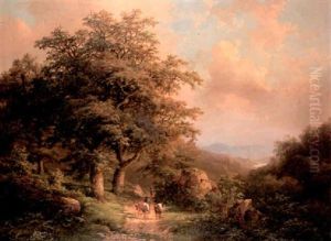 Cattle And Drover On A Wooded Path by Johann Bernard Klombeck