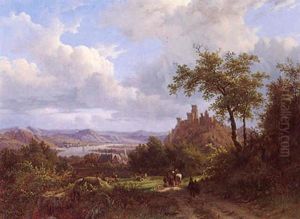 An Extensive Summer River Landscape With Travellers by Johann Bernard Klombeck