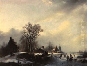 A Winter Landscape With Figures And A Sledge On A Frozen River