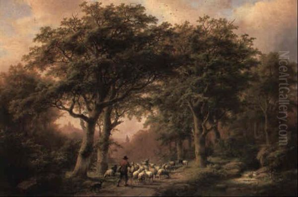 A Shepherd With His Flock On A Wooded Track - view 1