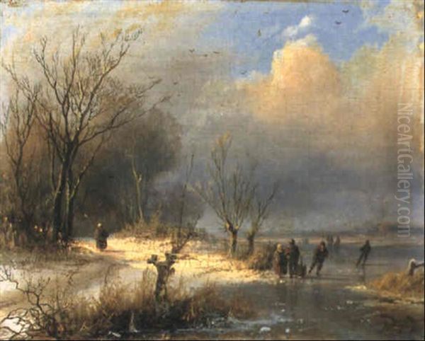 A Wooded River Landscape With Skaters On A Frozen River - view 1