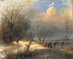 A Wooded River Landscape With Skaters On A Frozen River by Johann Bernard Klombeck