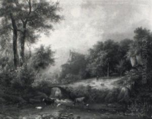 Wooded Hilly Landscape With A Herdsman And Cattle Fording A Stream by Johann Bernard Klombeck