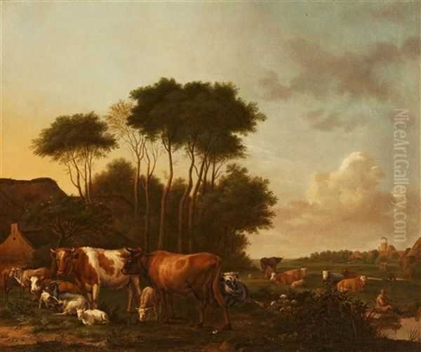 Meadow Landscape With Cattle And A Fisherman - view 1