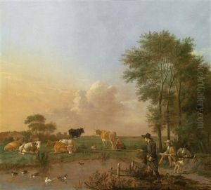 Eine Teichlandschaft Mit Einem Zeichner, Einem Angler Und Weidendem Vieh thumbnail