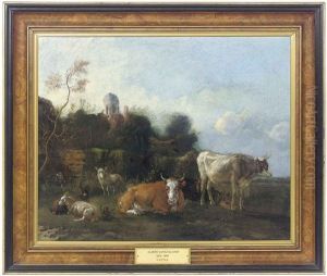 Cattle And Sheep Resting In A Pastoral Landscape by Albert Jansz Klomp