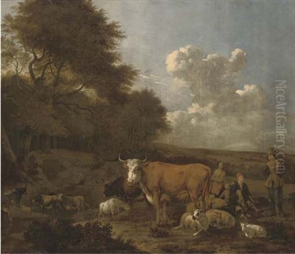 An Extensive Wooded Landscape With Herdsmen On A Track - view 1