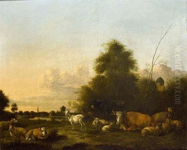 A Landscape With Cattle, Sheep And Goats In The Foreground, A Village Beyond - view 1