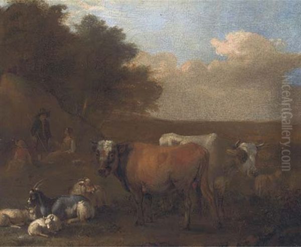 A Landscape With Cattle And Goats, A Shepherd And Shepherdess Resting Beyond - view 1