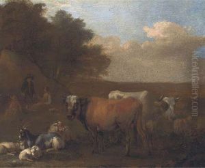 A Landscape With Cattle And Goats, A Shepherd And Shepherdess Resting Beyond by Albert Jansz Klomp
