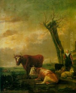 A Milkmaid Tending Her Livestock In A Meadow, A Village Beyond by Albert Jansz Klomp