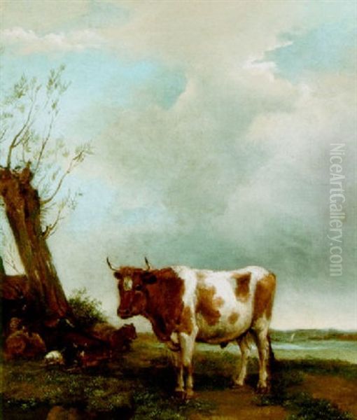 A Bull In A Meadow With Goats By A Tree - view 1