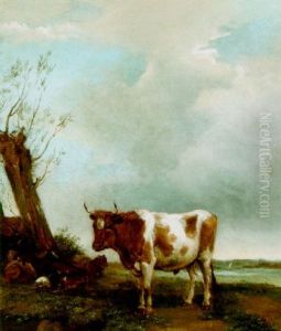 A Bull In A Meadow With Goats By A Tree by Albert Jansz Klomp