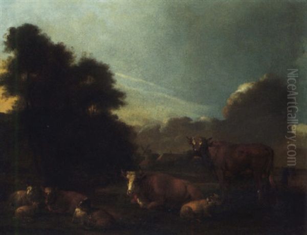 A Landscape With Cattle, Sheep And Goats In The Foreground, A Village Beyond - view 1
