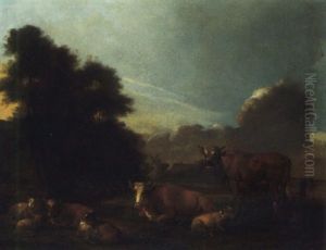 A Landscape With Cattle, Sheep And Goats In The Foreground, A Village Beyond by Albert Jansz Klomp