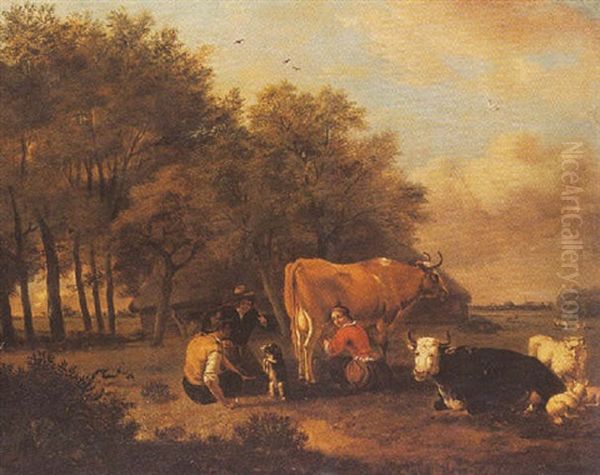 Cattle In A Meadow With A Maid Milking A Cow And Two Boys Training A Dog - view 1