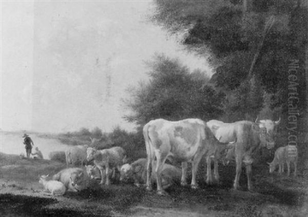 A Wooded Landscape With Cattle And Sheep In A Meadow And Two Figures Beside A River Beyond by Albert Jansz Klomp