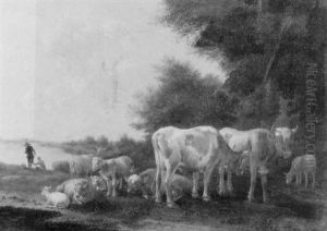 A Wooded Landscape With Cattle And Sheep In A Meadow And Two Figures Beside A River Beyond by Albert Jansz Klomp