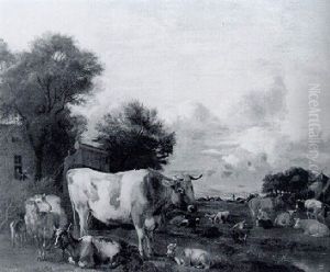 Vee Met Een Melkend Meisje Op De Achtergrond by Albert Jansz Klomp