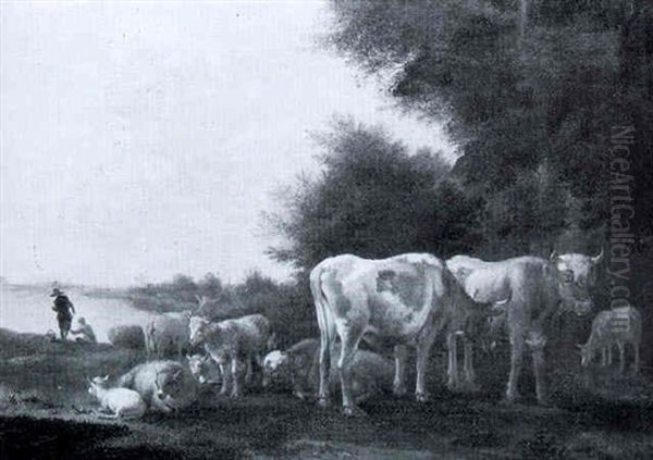 A Wooded Landscape With Cattle And Sheep In A Meadow - view 1
