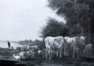 A Wooded Landscape With Cattle And Sheep In A Meadow by Albert Jansz Klomp