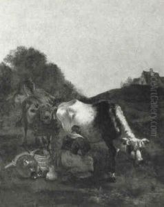 Milkmaid And Two Cows In Pasture by Albert Jansz Klomp