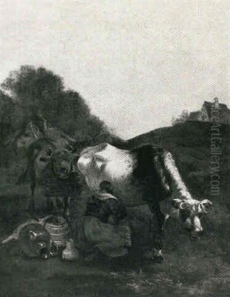 A Milkmaid With Her Two Cows In A Pasture With Her Pails    And Jars Beside Her - view 1