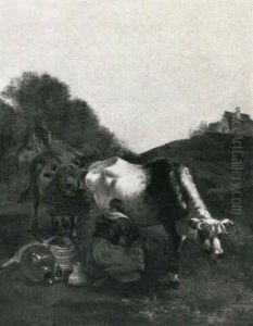 A Milkmaid With Her Two Cows In A Pasture With Her Pails And Jars Beside Her A Milkmaid With Her Two Cows In A Pasture With Her Pails And Jars Beside Her