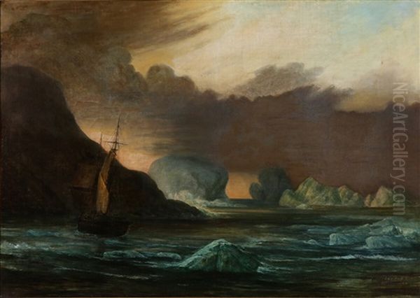 A Sailing Ship Near The Coast Surrounded By Icebergs - view 1