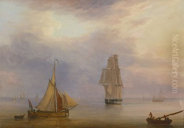 Danischer Dreimaster Auf Dem Wasser Im Abendrot, Im Vordergrund Links Ein Kleines Hollandisches Schiff - view 1