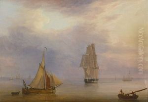 Danischer Dreimaster Auf Dem Wasser Im Abendrot, Im Vordergrund Links Ein Kleines Hollandisches Schiff