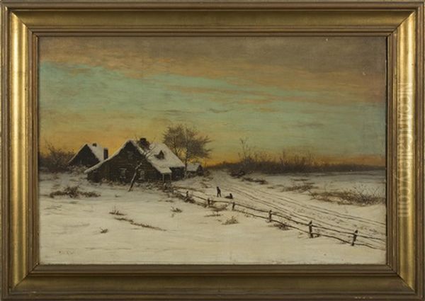 Winter Landscape With Cabin At Sunset - view 1