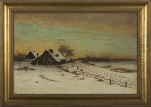 Winter Landscape With Cabin At Sunset Winter Landscape With Cabin At Sunset