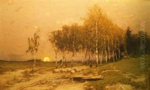Sheep In A Wood At Sunset by Robert Kluth