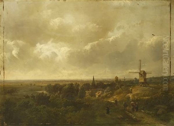 A Panoramic Landscape With Figures On A Path Near A Windmill And A Village - view 1