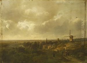 A Panoramic Landscape With Figures On A Path Near A Windmill And A Village by Pieter Lodewijk Francisco Kluyver