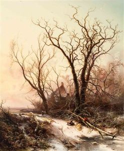 Gathering Wood On A Wintery Afternoon by Pieter Lodewijk Francisco Kluyver