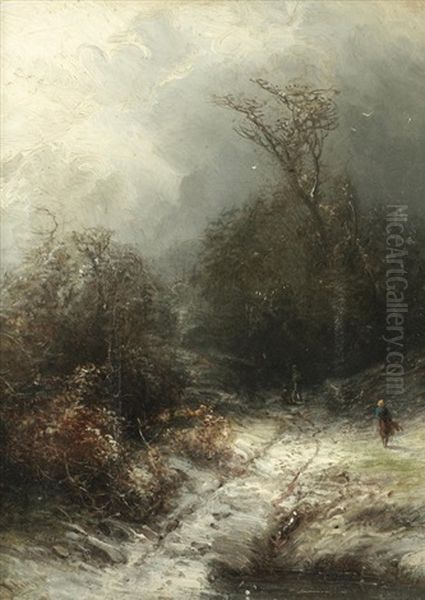 Figures Collecting Wood On A Snowy Path - view 1