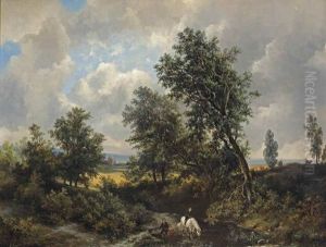 A Wooded Landscape With Figures By A Stream by Pieter Lodewijk Francisco Kluyver