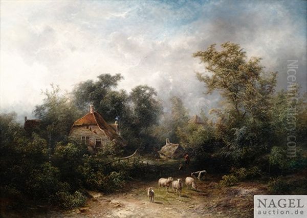 Bewaldete Landschaft Mit Bauernhausern Und Kleiner Schafherde Auf Einem Fahrweg - view 1