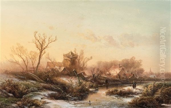 A Winter Landscape With Ice Skaters At Dusk - view 1
