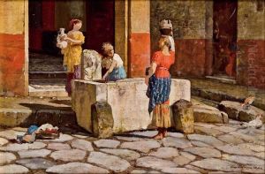 Wassertragerinnen In Einem Innenhof by Luigi Bazzani