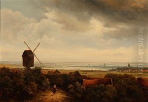 Wide River Landscape With Windmill by Pieter Lodewijk Francisco Kluyver