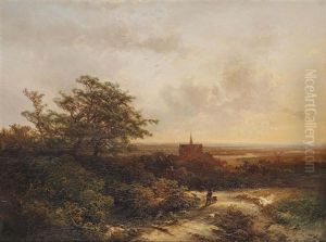 A Wooded Landscape With A Village In The Background by Pieter Lodewijk Francisco Kluyver