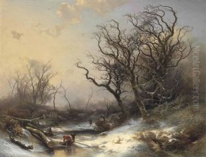 Wood Gatherers In A Snowy Landscape by Pieter Lodewijk Francisco Kluyver