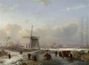 Winterlandschaft Mit Einem Zugefrorenem Kanal Und Figuren